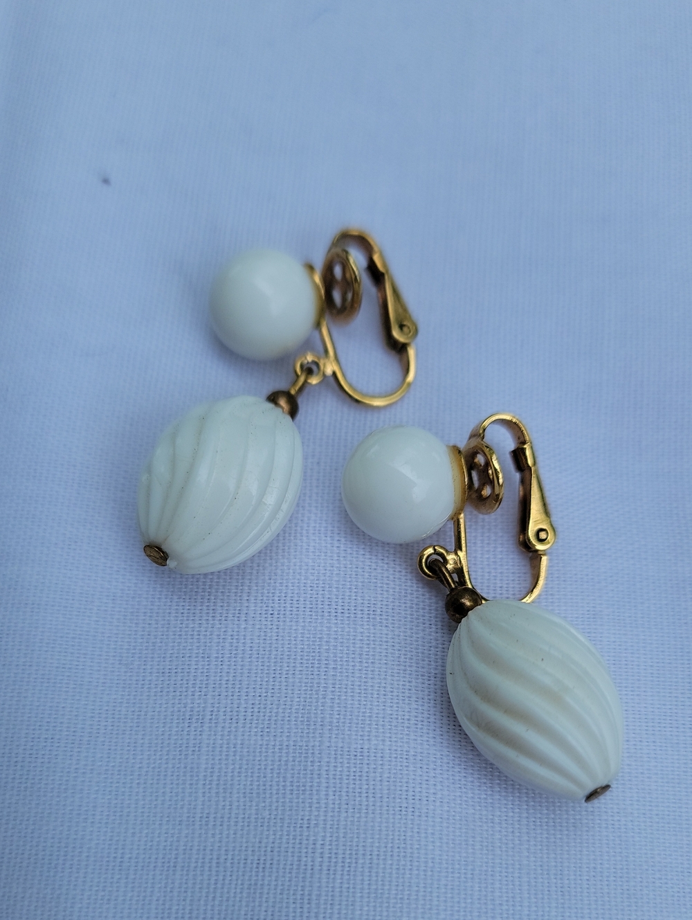 Vintage TRIFARI Gold-Tone White Lucite Bead Clip-On Earrings